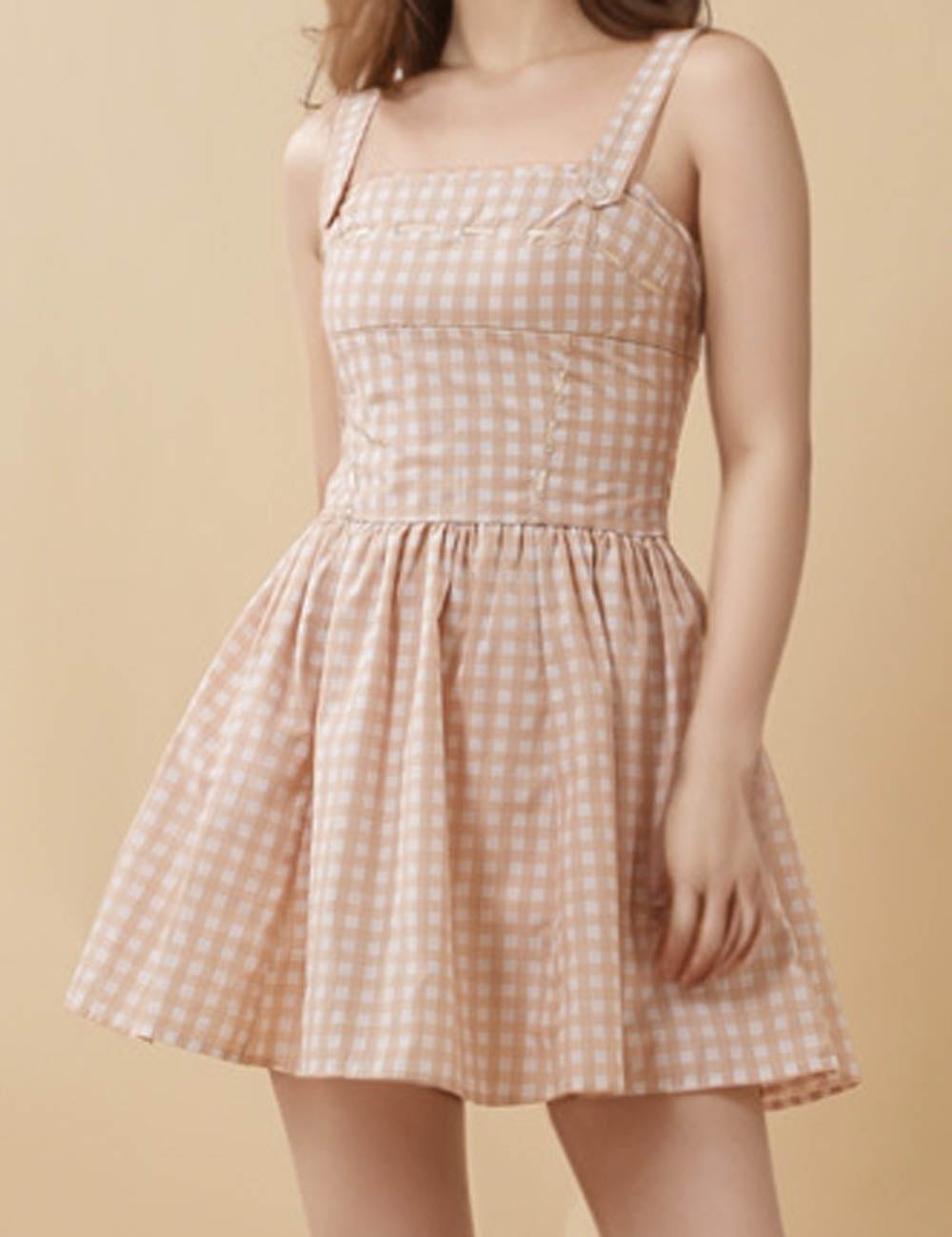 Ladies Color Block Checked Strap Shoulder Mini Dress