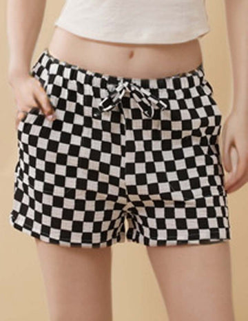 Ladies Color Block Checked Drawstring Loungewear Shorts