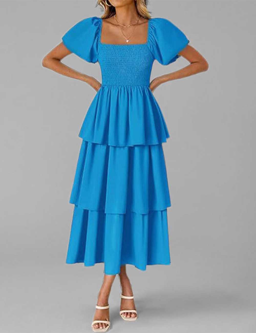 Ladies Solid Color Puff Sleeves Cupcake Maxi Dress