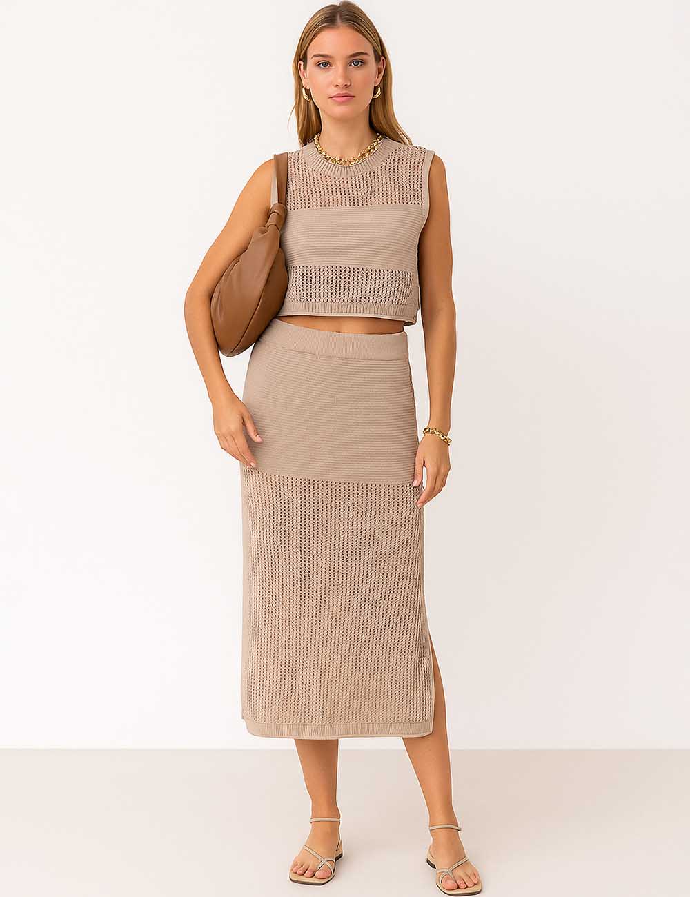 Ladies Knit Hollow Out Vest & Skirt 2PCS Set