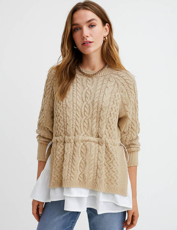 Ladies Color Block Cable Knit Fake 2PCS Sweater Top