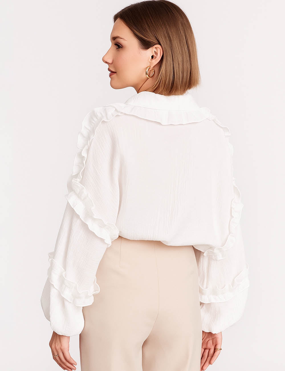 Ladies White Ruffle Shirt Peter Pan Collar Lantern Sleeves Blouse