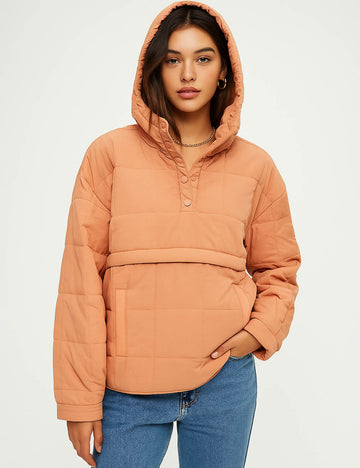 Ladies Button Pullover Hooded Padded Puff Jacket SKT4755