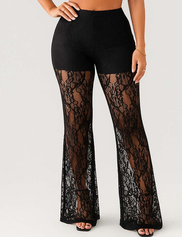 Ladies Lace See Through Elastic Waist Flared Leg Pants