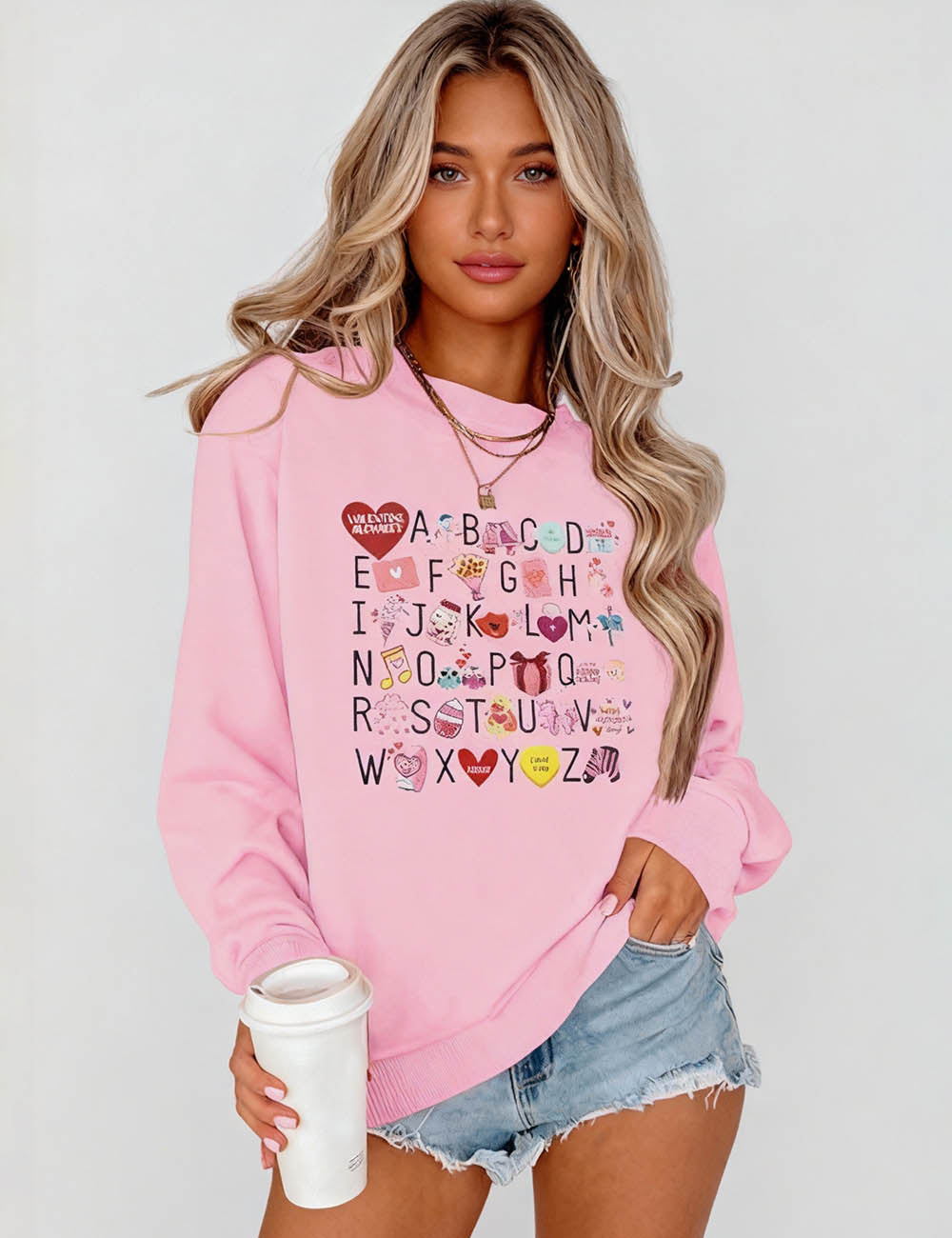 Ladies Valentine Alphabet Print Pullover Sweatshirt