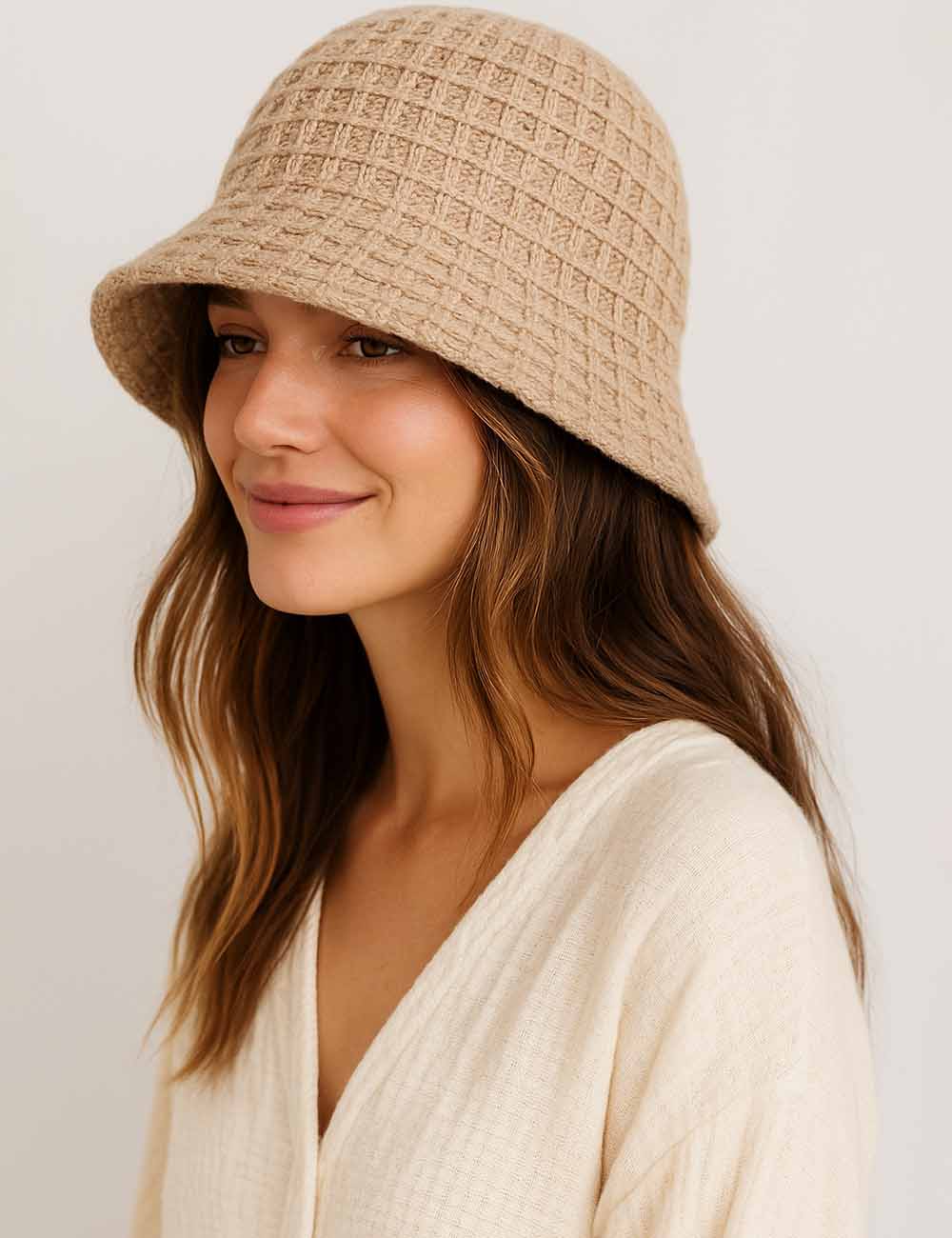 Ladies Solid Color Checked Pattern Knit Fisherman Hat