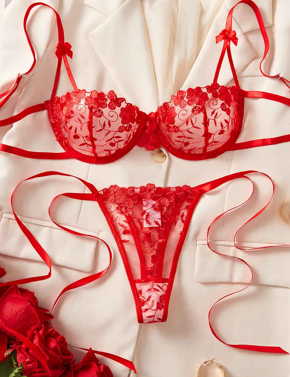 Ladies Sexy Floral Embroidery Side Tie Thong Lingerie Set