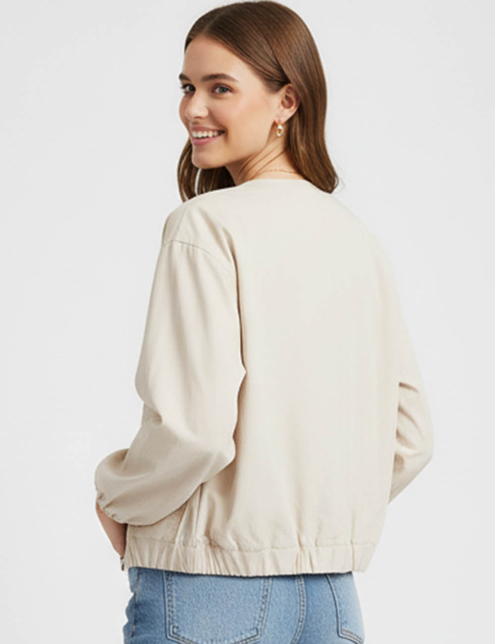 Ladies Round Neck Button Long Sleeves Flap Pocket Jacket