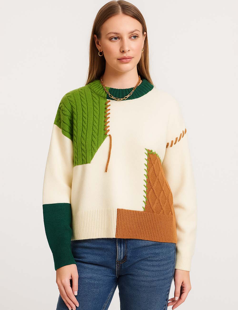 Ladies Multi Color Splice Long Sleeves Knit Sweater