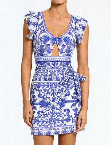 Ladies Ruff Sleeves One-Piece Swimsuit & Wrap Tie Sarong Skirt Set