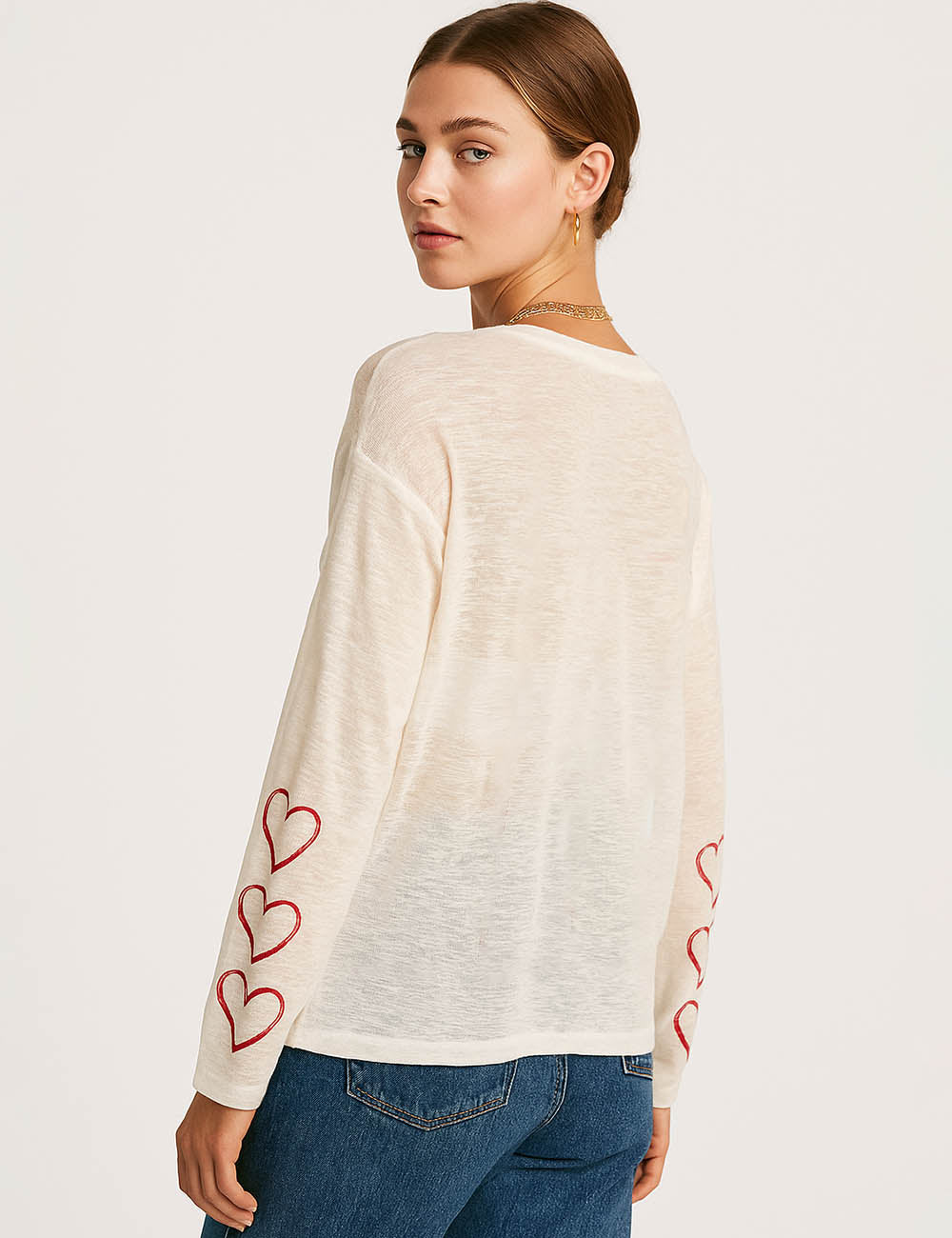 Ladies Sheer Letter Pullover T-Shirt Round Neck Long Sleeves Tee