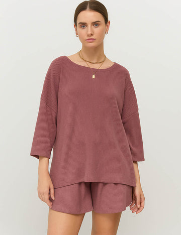 Ladies Ribbed Round Neck Short Sleeves Top & Shorts Set