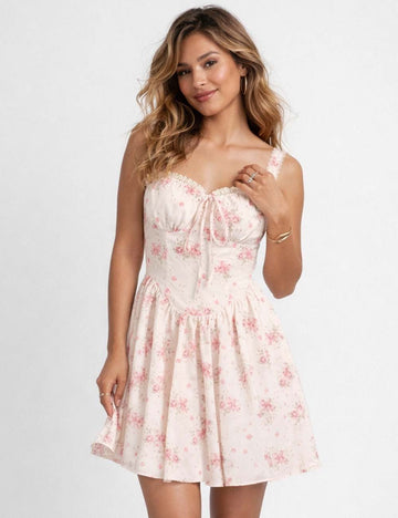 Ladies Floral Print Tie Front Sleeveless Mini Dress