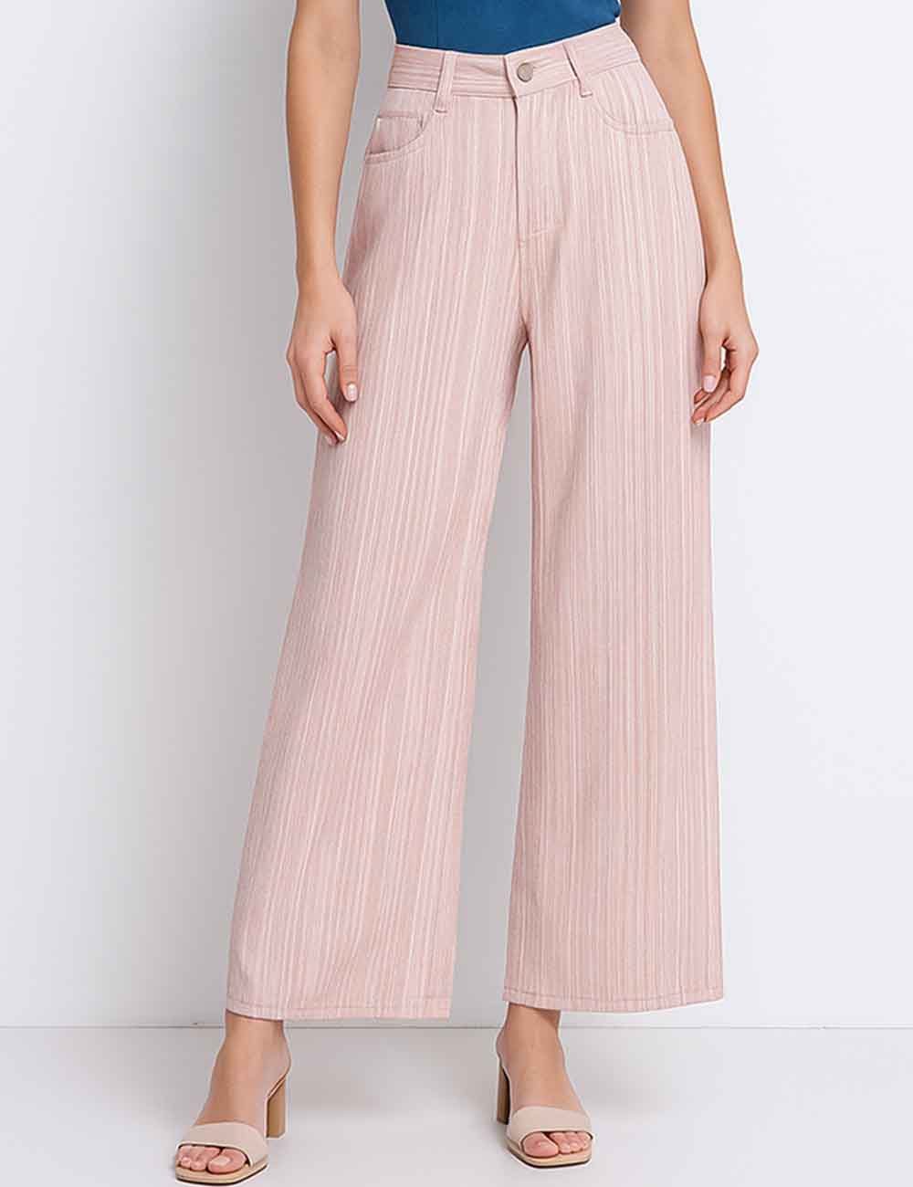 Ladies Color Block Striped Button Pockets Wide Leg Denim Pants