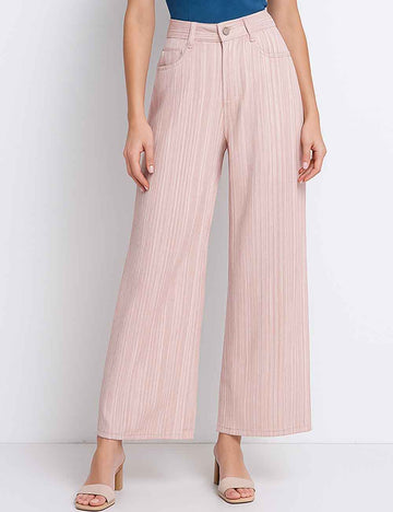 Ladies Color Block Striped Button Pockets Wide Leg Denim Pants