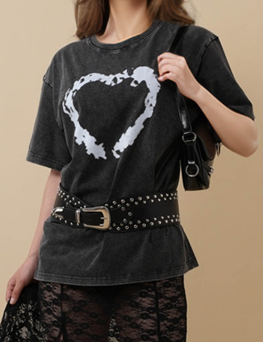 Ladies Washed Heart Print Mid Sleeves T-Shirt 8SKT51222