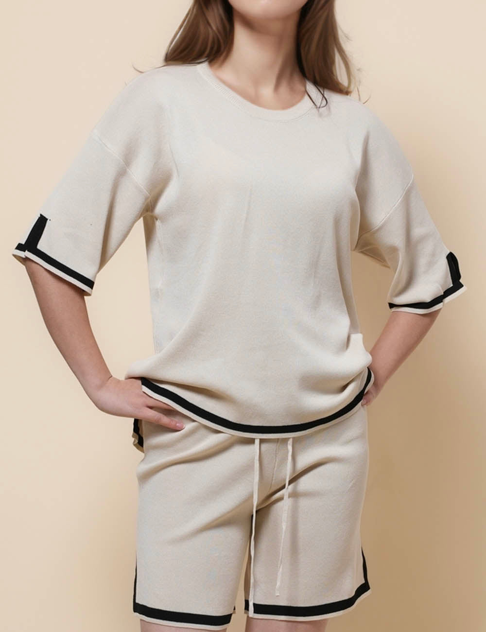 Ladies Color Block Top Shorts Knit 2PCS Set SKST41225