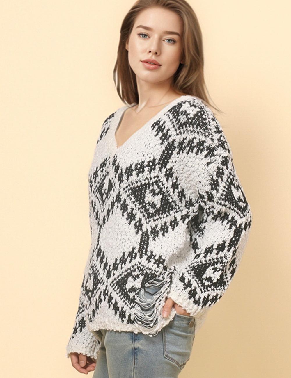 Ladies Color Block Totem Bohemia V-Neck Sweater SKT4849