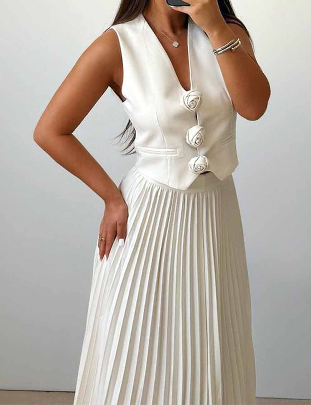 Ladies  V-Neck Flower Button Pleated Vest & Skirt Set