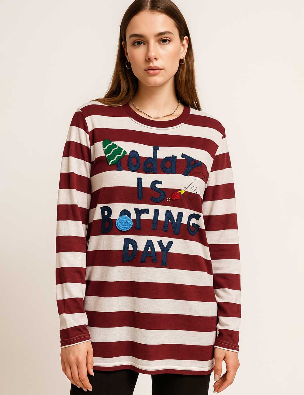8SKT5K109 Ladies Striped Letter Print Casual T-Shirt