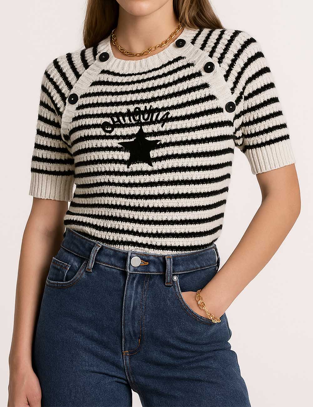 Ladies Round Neck Striped Knit Star Short Sleeveless Top