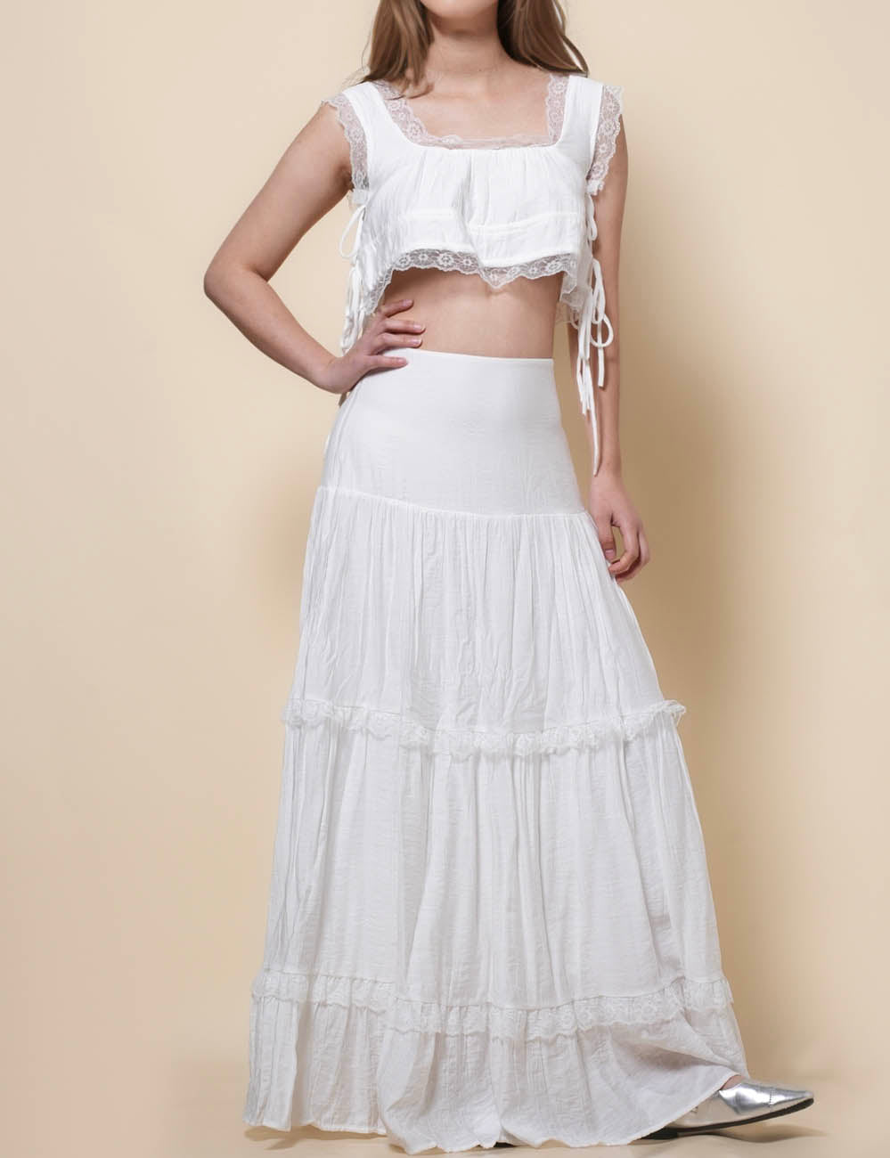 Ladies Square Collar Top Maxi Skirt 2PCS Set SKST41291