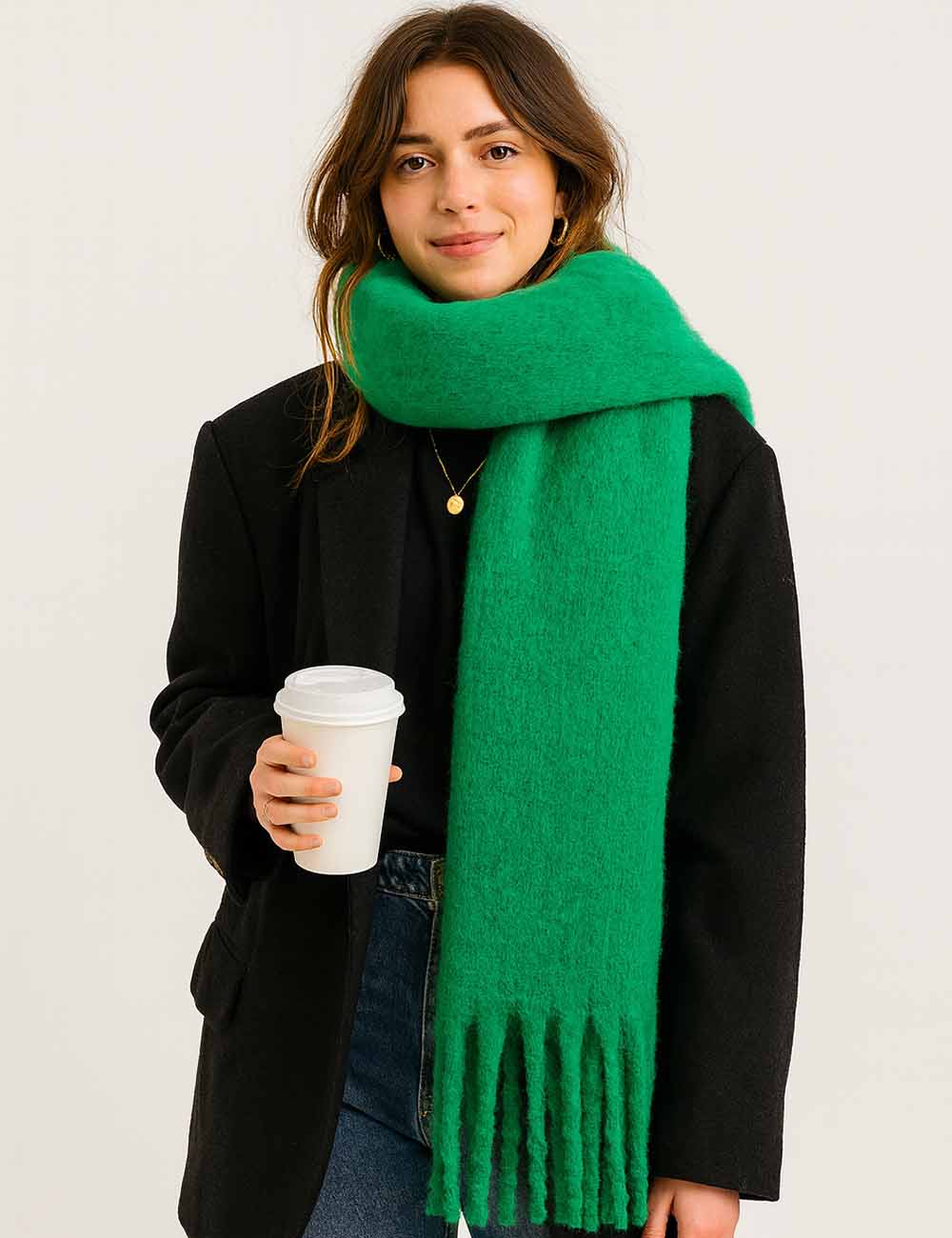 Ladies Solid Color Fringe Knit Scarf