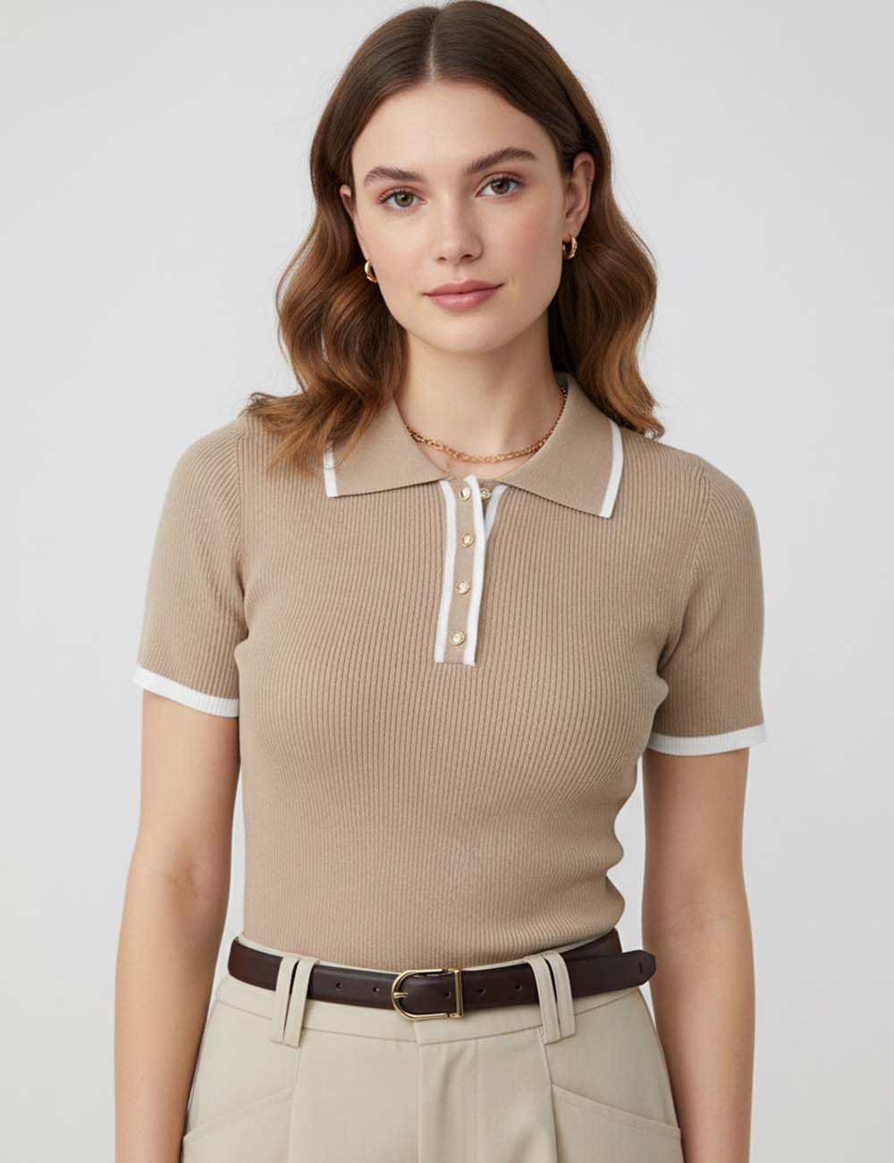 Ladies Color Block Polo Collar Short Sleeves Knit Top