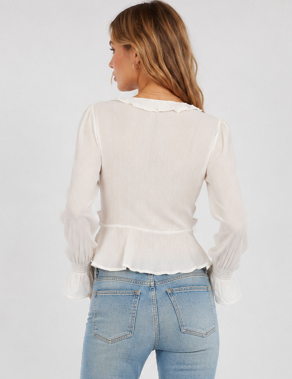 Ladies Chiffon Flared Sleeves Ruffle Lace Trim V-Neck Tie Front Blouse