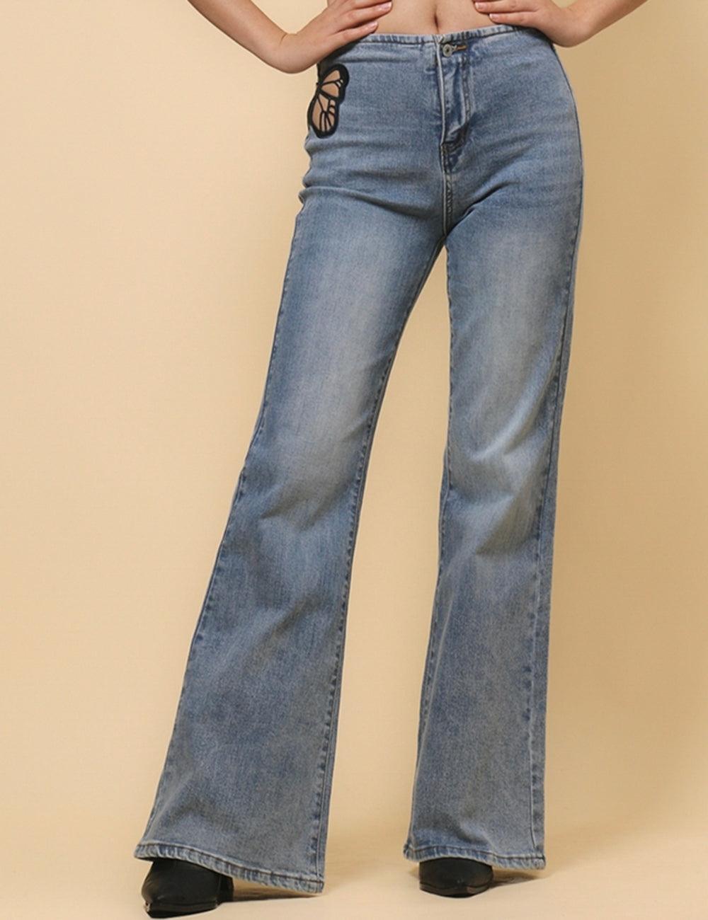 Ladies Butterfly Embroidery Denim Pants Flare Leg Jeans SKP4823