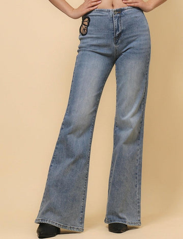 Ladies Butterfly Embroidery Denim Pants Flare Leg Jeans SKP4823
