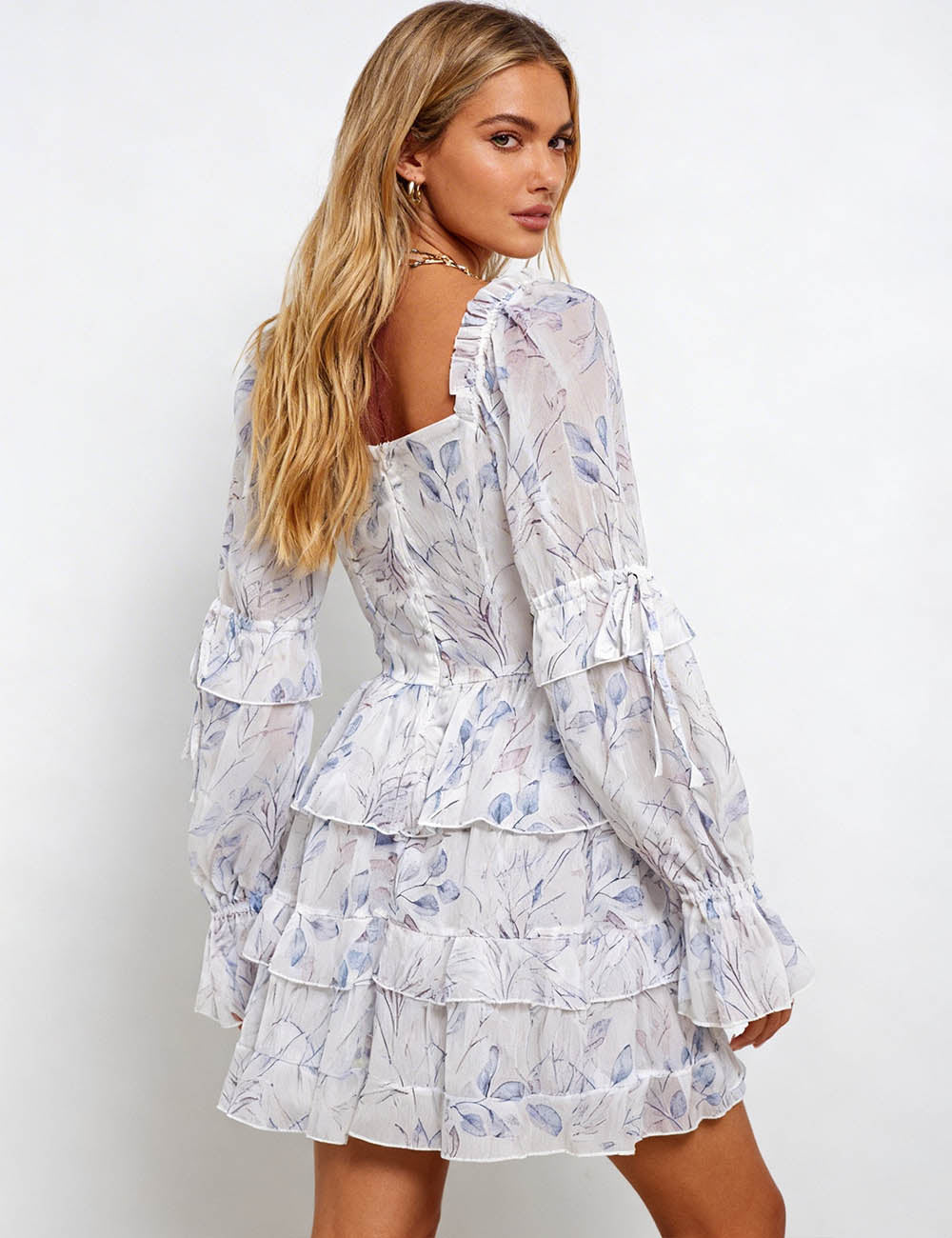 Ladies Romantic Floral Tiered Ruffle Square Neck Mini Dress