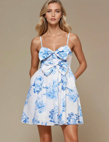 Ladies Bowknot String Shoulder Floral Mini Dress SKD50287