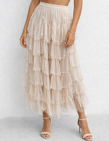Ladies Sheer Mesh Faux Pearl Tiered Ruffle Maxi Skirt