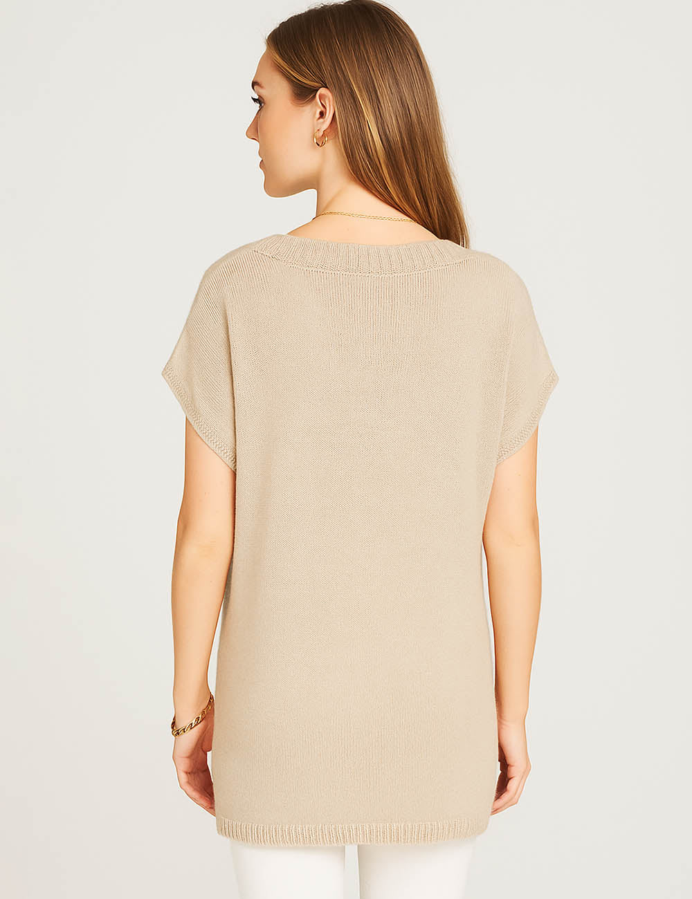Ladies Solid Color V-Neck Pullover Short  Sleeves Knit Top