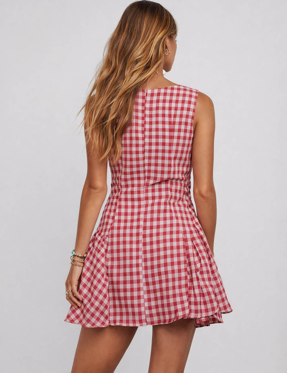 Ladies Checked Tie Front Square Neck Sleeveless Mini Dress