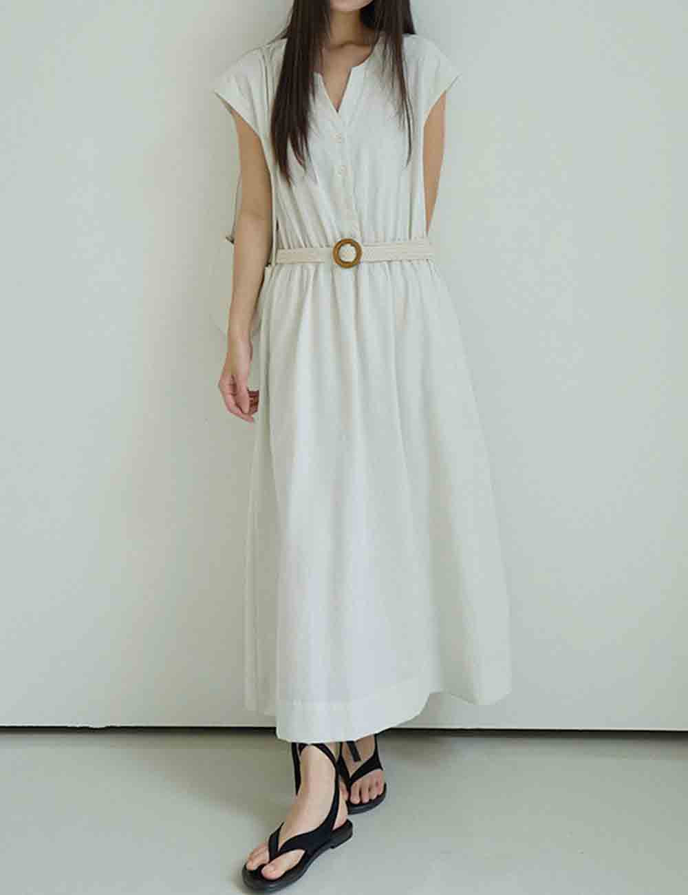Ladies Solid Color Button Belt Short Sleeves Maxi Dress