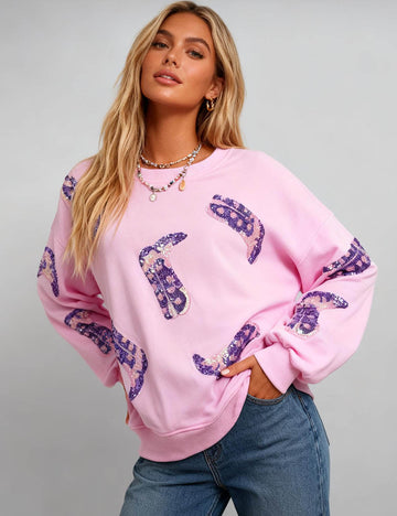 Ladies Valentine's Sequin Round Neck Long Sleeves Sweatshirt
