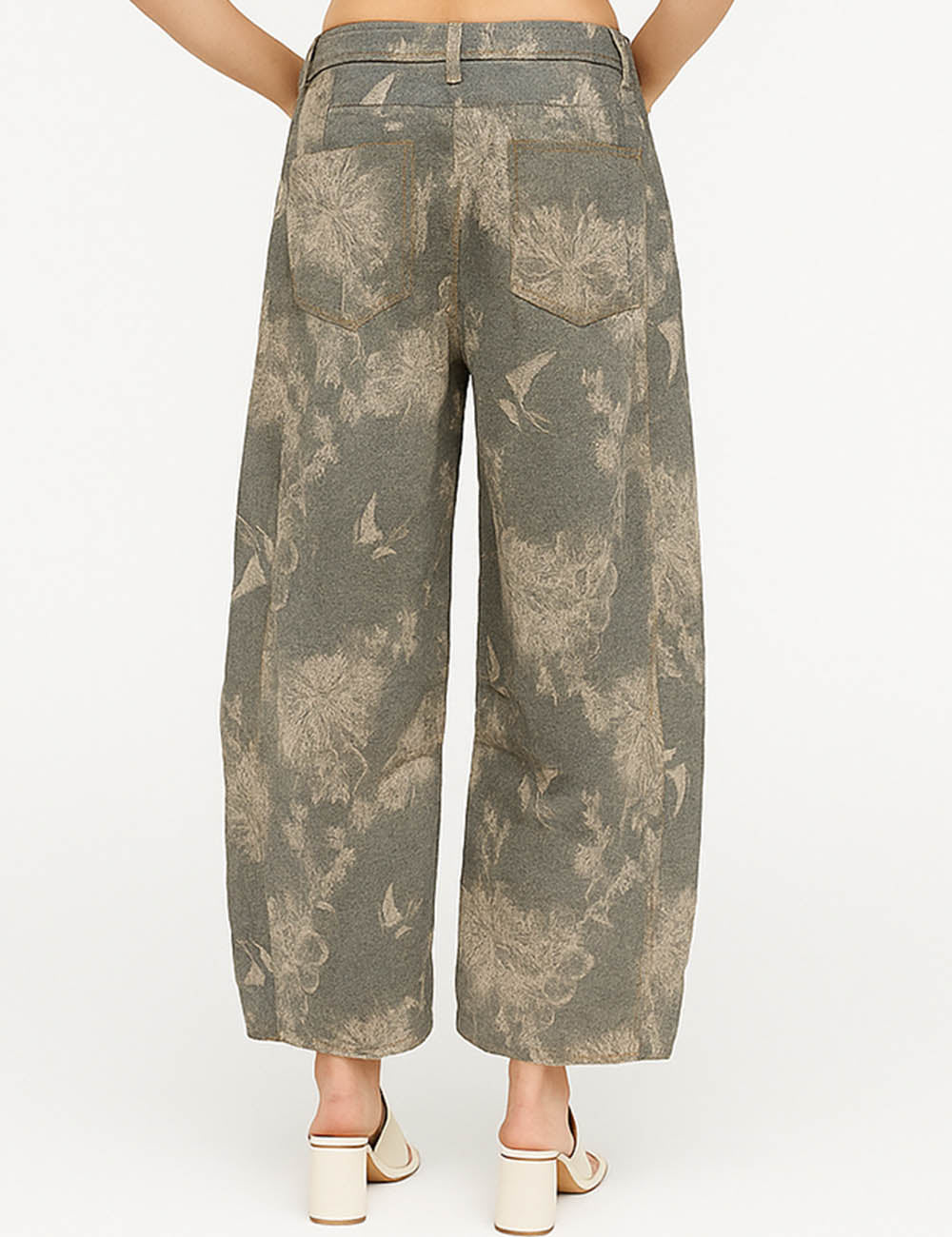 Ladies Color Block Floral Print Pocket Barrel Leg Denim Pants