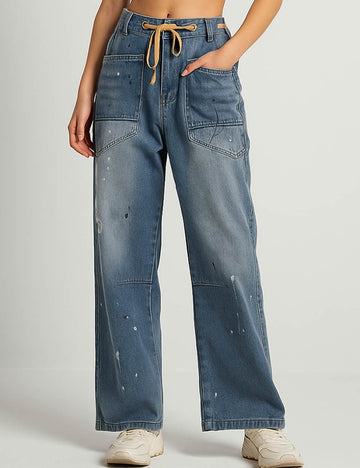 Ladies Paint Splatter Print Jeans Drawstring Barrel Leg Denim Pants