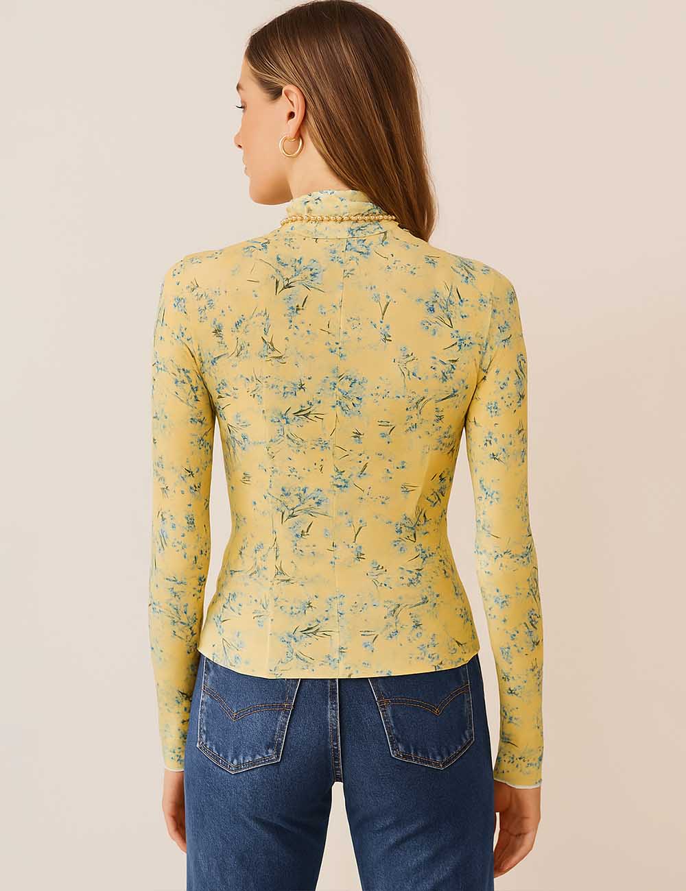Women Tiny Flower Blouse See Sheer Mesh Layering Top