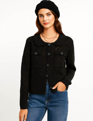 Ladies Diamond Knit Cardigan Hollow Out Peter Collar Sweater Top