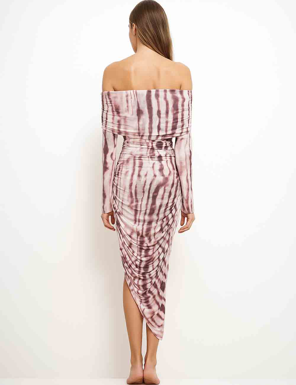 Ladies Abstract Striped Off-Shoulder Wrinkle Mesh Maxi Dress