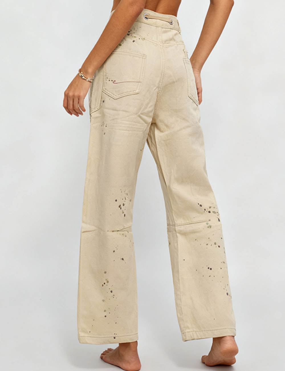 Ladies Paint Splatter Drawstring Wide Leg Denim Pants