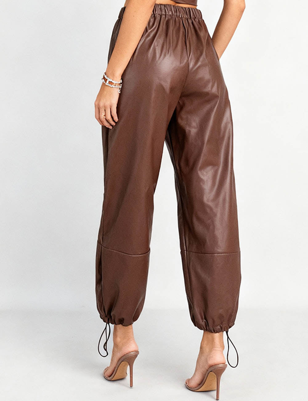 Ladies Elastic Waist Pocket Drawstring Hem Leather Pants