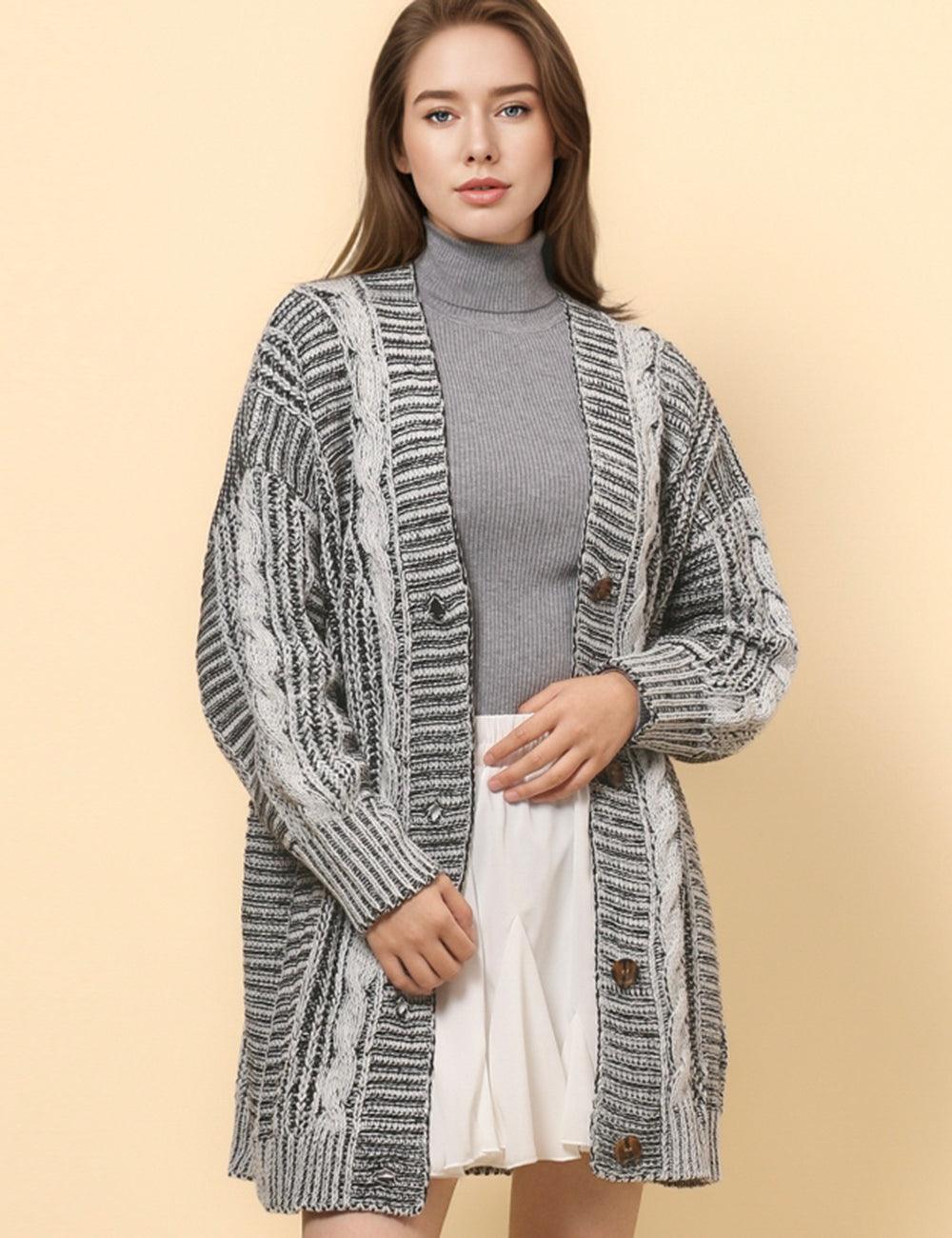 Ladies Thigh Length V-neck Botton Sweater Carsigan SKT4818