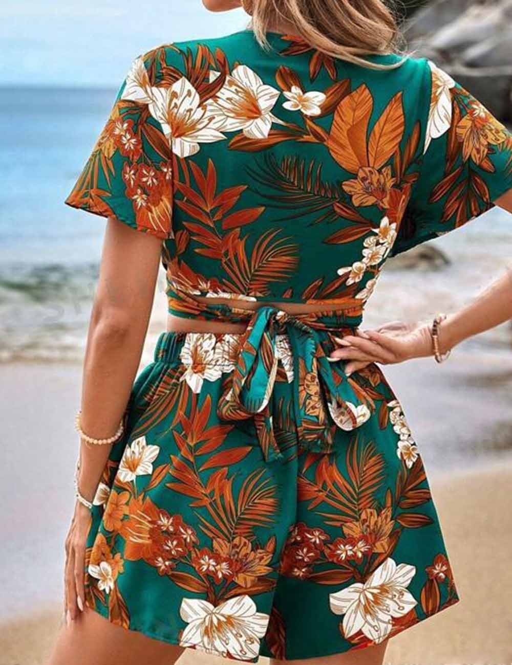 Ladies Botanical Print Beach Wrap Cropped Top & Shorts Set 
