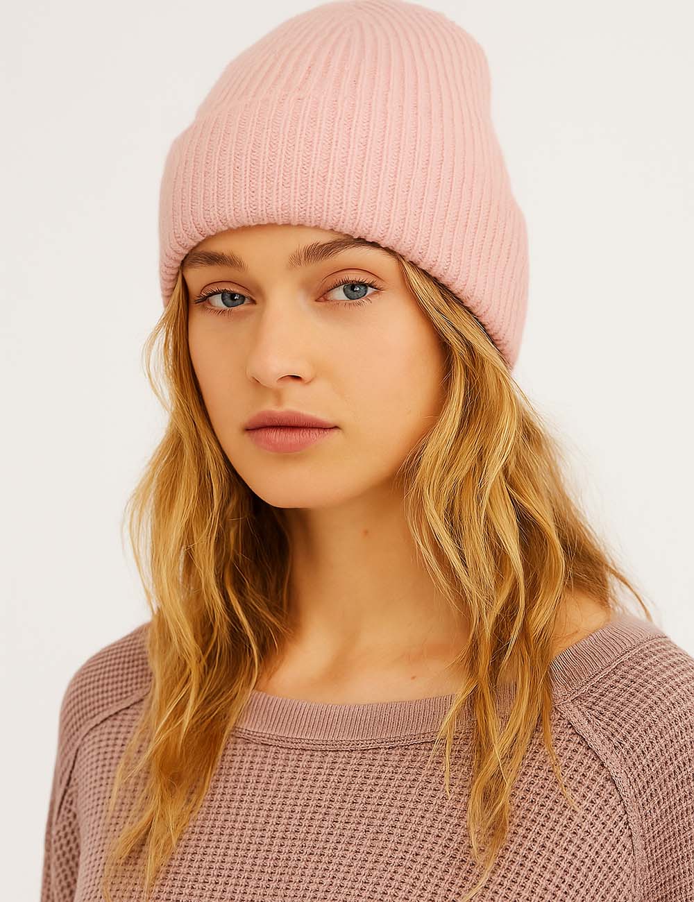 Ladies Solid Color Fleece Lining Ribbed Knit Hat