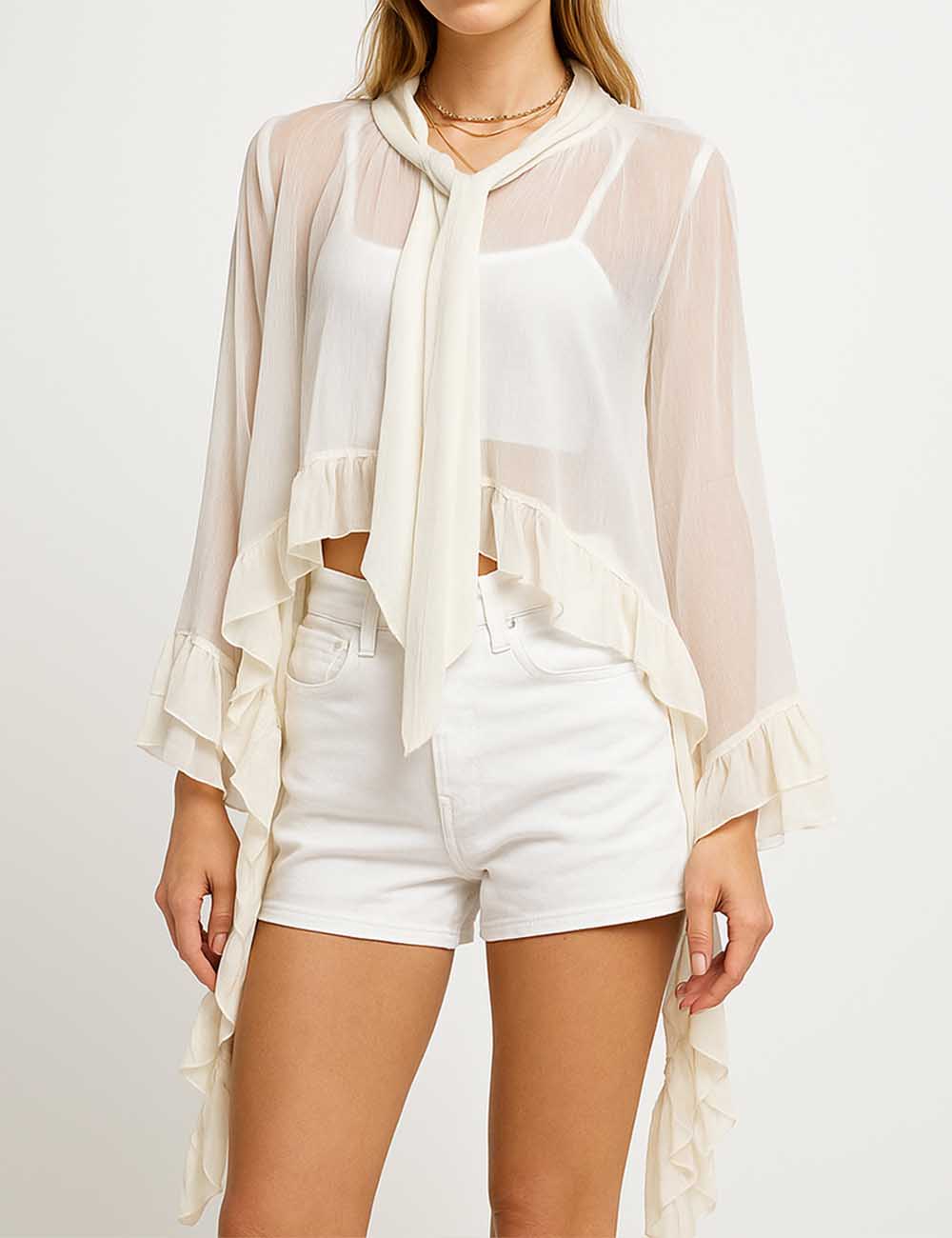 SHEER CHECK TUCK WAIST BLOUSE　CLANE SHEER CHECK TUCK WAIST BLOUSE(1 IVORY): CLANE: WOMENS