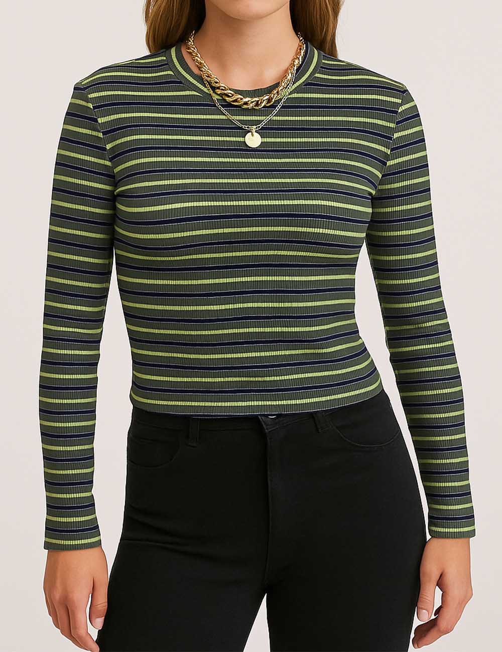 Ladies Striped Basic Round Neck Cropped Layering Top